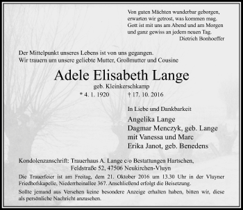 Traueranzeige von Adele Elisabeth Lange von Rheinische Post