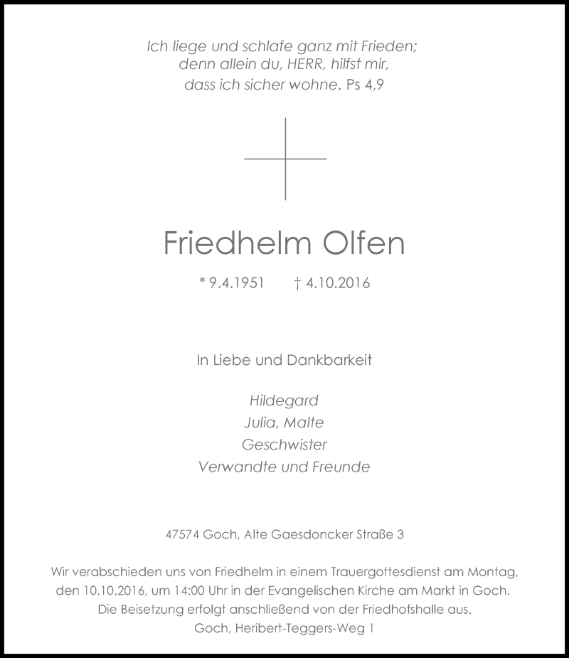  Traueranzeige für Friedhelm Olfen vom 07.10.2016 aus Rheinische Post