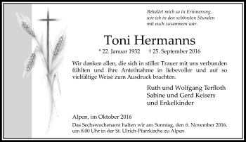 Traueranzeige von Toni Hermanns von Rheinische Post