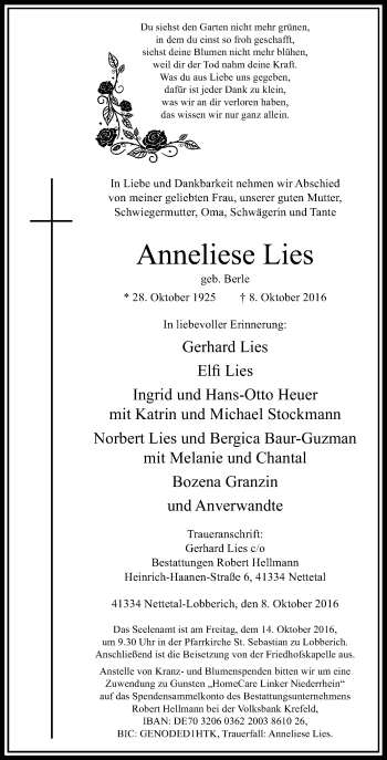 Traueranzeige von Anneliese Lies von Rheinische Post