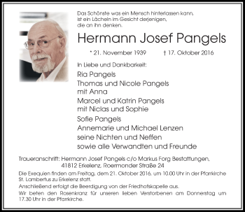 Traueranzeige von Hermann Josef Pangels von Rheinische Post