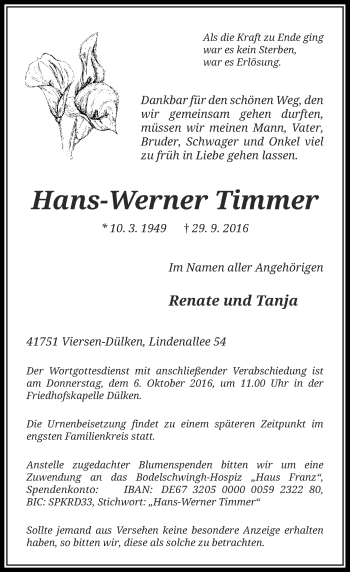 Traueranzeige von Hans-Werner Timmer von Rheinische Post