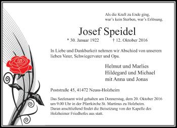 Traueranzeige von Josef Speidel von Rheinische Post