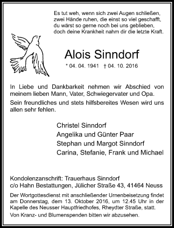 Traueranzeige von Alois Sinndorf von Rheinische Post