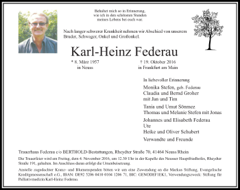 Traueranzeige von Karl-Heinz Federau von Rheinische Post