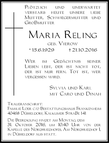 Traueranzeige von Maria Reling von Rheinische Post