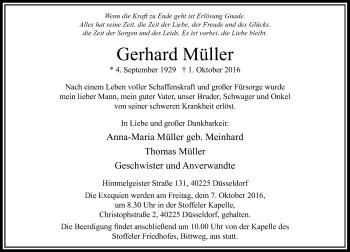 Traueranzeige von Gerhard Müller von Rheinische Post