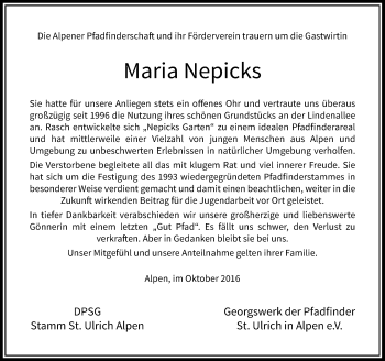 Traueranzeige von Maria Nepicks von Rheinische Post