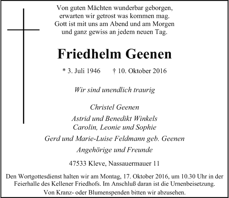  Traueranzeige für Friedhelm Geenen vom 13.10.2016 aus Rheinische Post