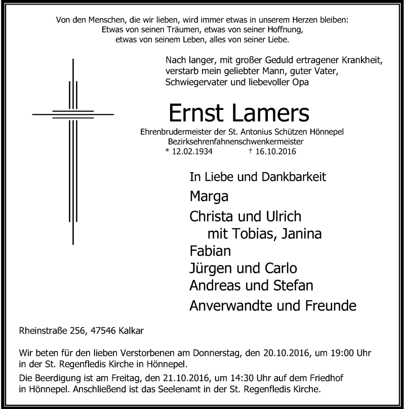  Traueranzeige für Ernst Lamers vom 19.10.2016 aus Rheinische Post