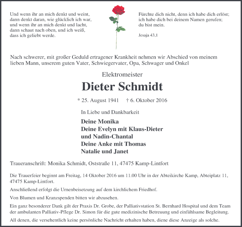  Traueranzeige für Dieter Schmidt vom 10.10.2016 aus Rheinische Post
