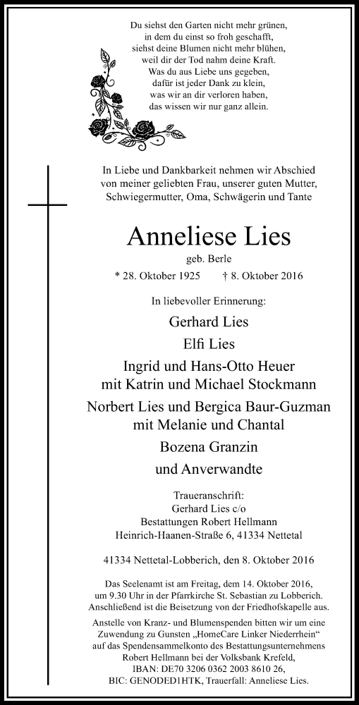  Traueranzeige für Anneliese Lies vom 11.10.2016 aus Rheinische Post