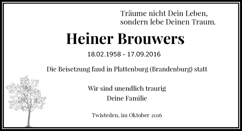  Traueranzeige für Heiner Brouwers vom 10.10.2016 aus Rheinische Post