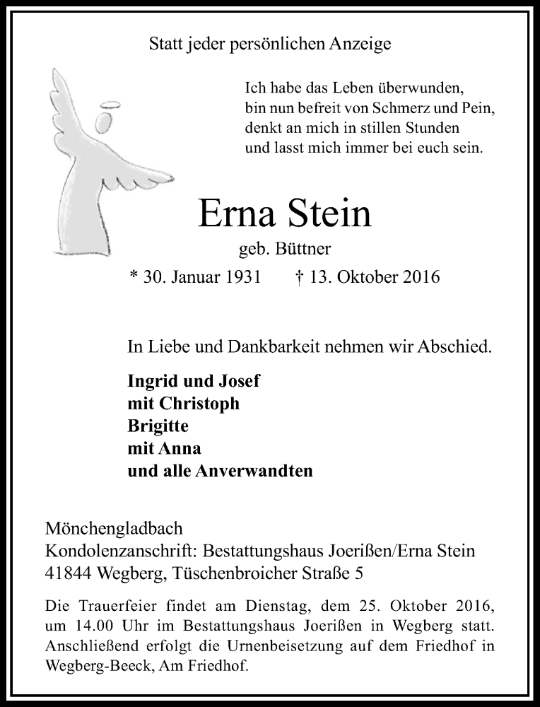  Traueranzeige für Erna Stein vom 15.10.2016 aus Rheinische Post