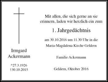 Traueranzeige von Irmgard Ackermann von Rheinische Post