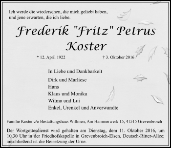 Traueranzeige von Frederik Petrus Koster von Rheinische Post