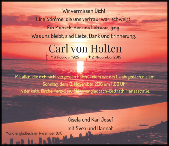 Traueranzeige von Carl von Holten von Rheinische Post