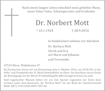 Traueranzeige von Norbert Mott von Rheinische Post