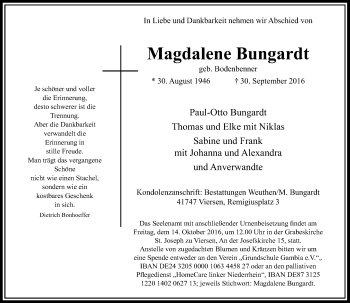 Traueranzeige von Magdalene Bungardt von Rheinische Post