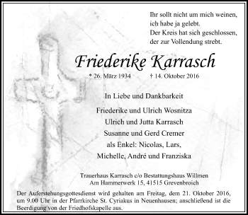 Traueranzeige von Friederike Karrasch von Rheinische Post