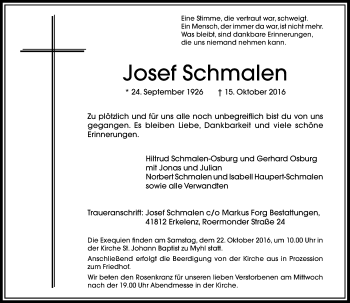 Traueranzeige von Josef Schmalen von Rheinische Post