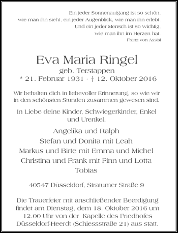 Traueranzeige von Eva Maria  Ringel von Rheinische Post