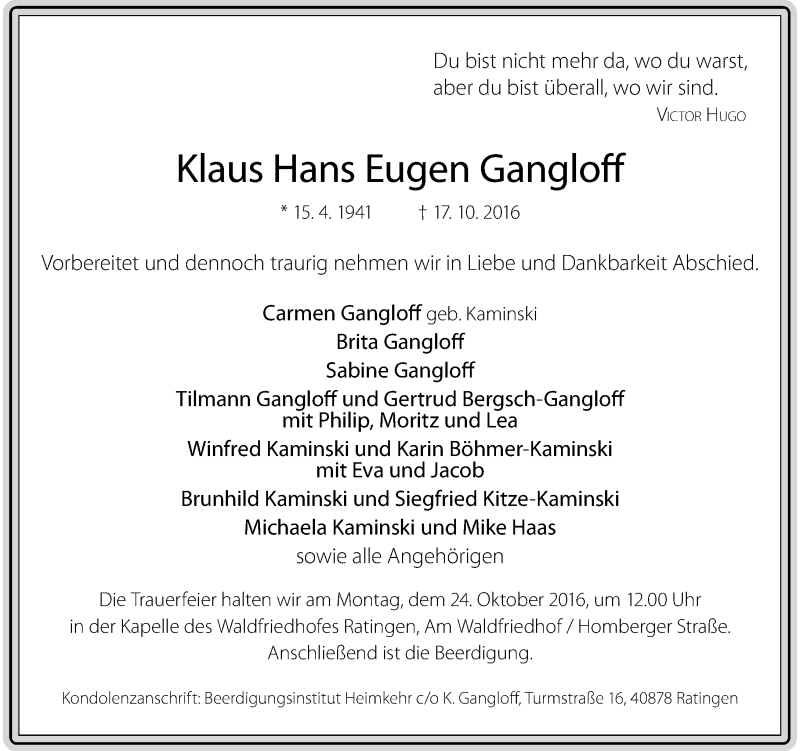  Traueranzeige für Klaus Hans Eugen Gangloff vom 22.10.2016 aus Rheinische Post