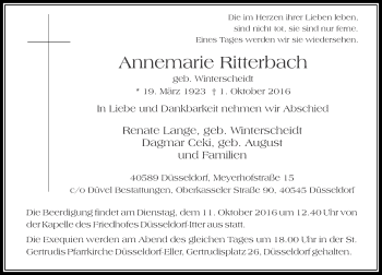 Traueranzeige von Annemarie Ritterbach von Rheinische Post