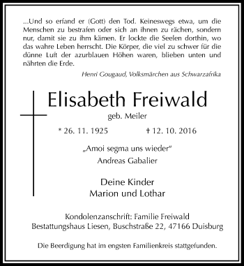 Traueranzeige von Elisabeth Freiwald von Rheinische Post