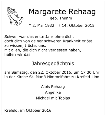 Traueranzeige von Margarete Rehaag von Rheinische Post