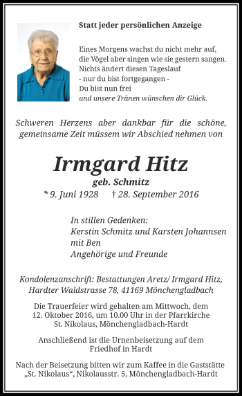 Traueranzeige von Irmgard Hitz von Rheinische Post