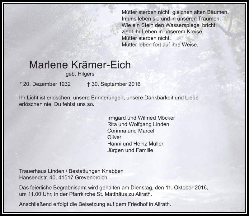  Traueranzeige für Marlene Krämer-Eich vom 08.10.2016 aus Rheinische Post