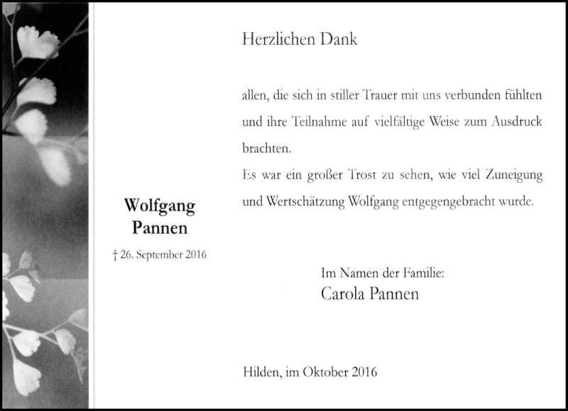  Traueranzeige für Wolfgang Pannen vom 29.10.2016 aus Rheinische Post