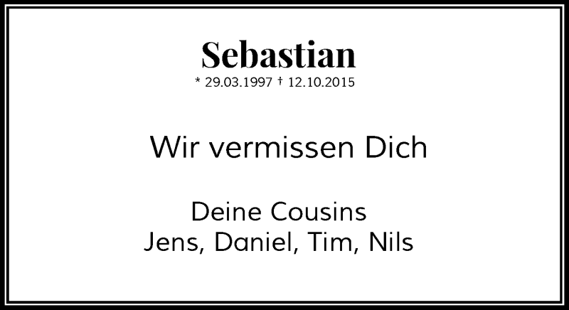  Traueranzeige für Sebastian Scheuten vom 12.10.2016 aus Rheinische Post