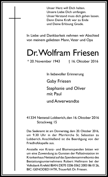Traueranzeige von Wolfram Friesen von Rheinische Post