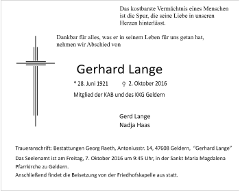 Traueranzeige von Gerhard Lange von Rheinische Post
