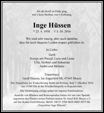 Traueranzeige von Inge Hüssen von Rheinische Post