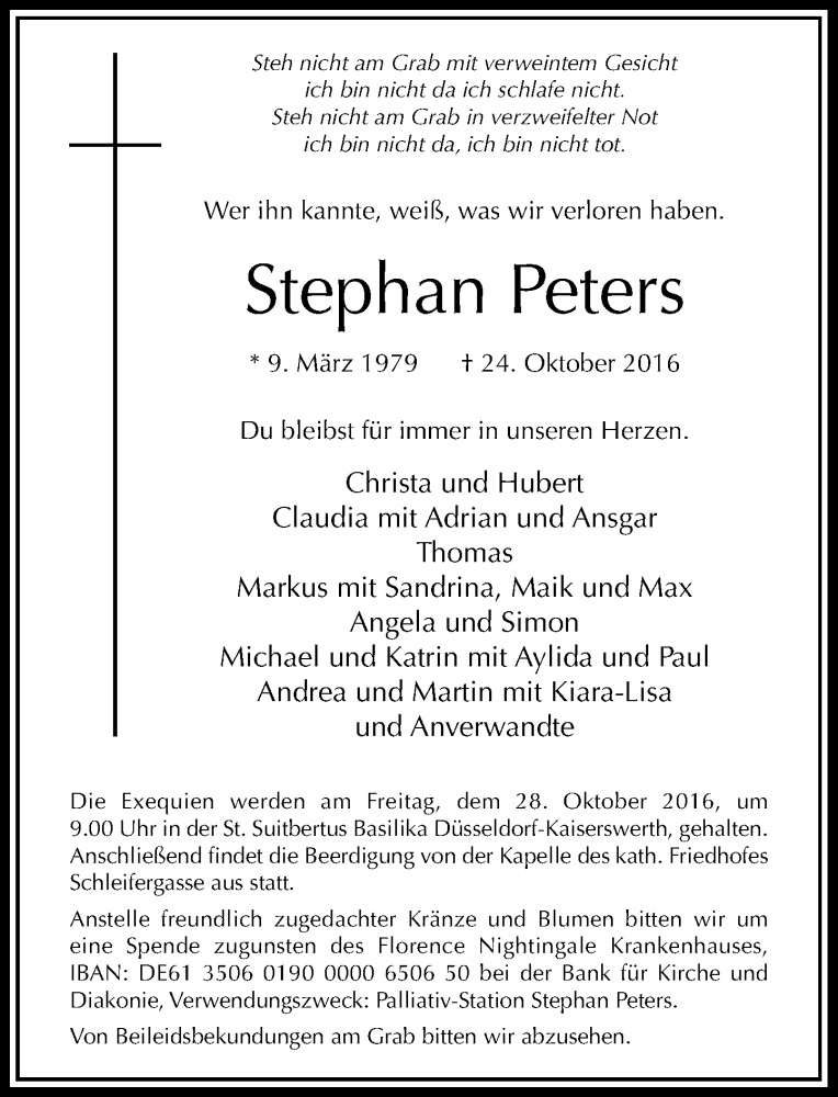  Traueranzeige für Stephan Peters vom 26.10.2016 aus Rheinische Post