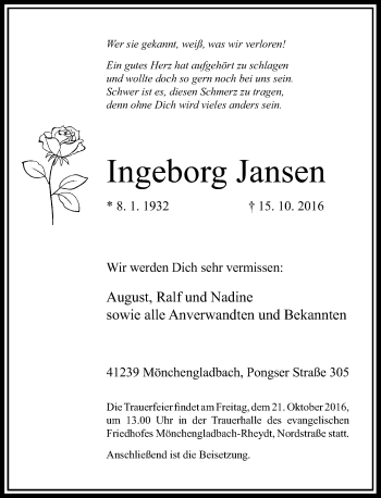 Traueranzeige von Ingeborg Jansen von Rheinische Post