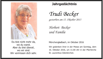 Traueranzeige von Trudi Becker von Rheinische Post