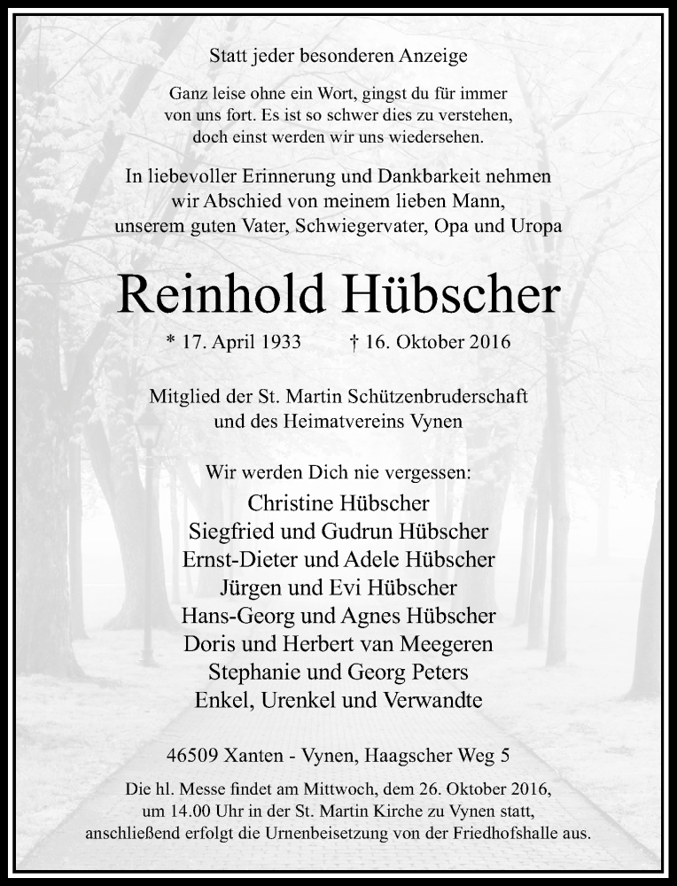  Traueranzeige für Reinhold Hübscher vom 18.10.2016 aus Rheinische Post