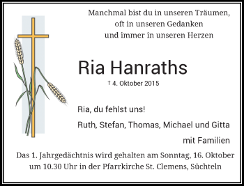 Traueranzeige von Ria Hanraths von Rheinische Post