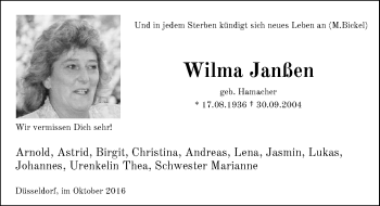 Traueranzeige von Wilma Janßen von Rheinische Post