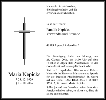 Traueranzeige von Maria Nepicks von Rheinische Post