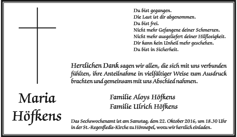  Traueranzeige für Maria Höfkens vom 15.10.2016 aus Rheinische Post