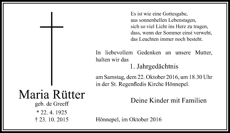  Traueranzeige für Maria Rütter vom 15.10.2016 aus Rheinische Post