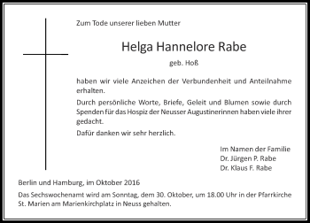 Traueranzeige von Helga Hannelore Rabe von Rheinische Post