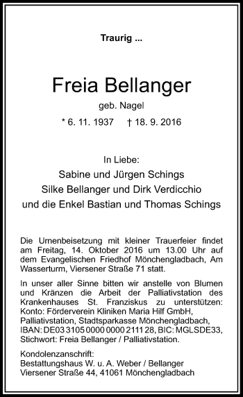 Traueranzeige von Freia Bellanger von Rheinische Post