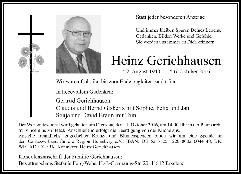  Traueranzeige für Heinz Gerichhausen vom 08.10.2016 aus Rheinische Post