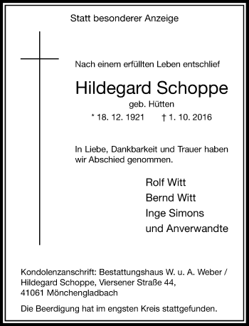 Traueranzeige von Hildegard Schoppe von Rheinische Post